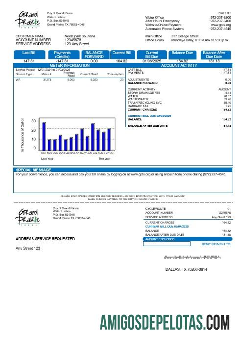Em branco modelo de conta de serviços públicos dos EUA Texas Grand Prairie em formatos Word e PDF